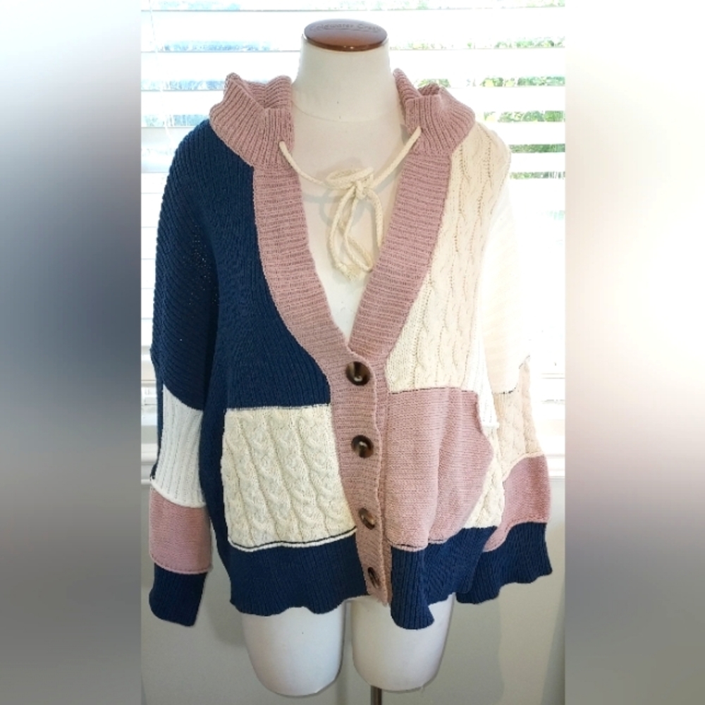 POL Pink, Cream, and Navy Hooded Button Down Sweater NWOT